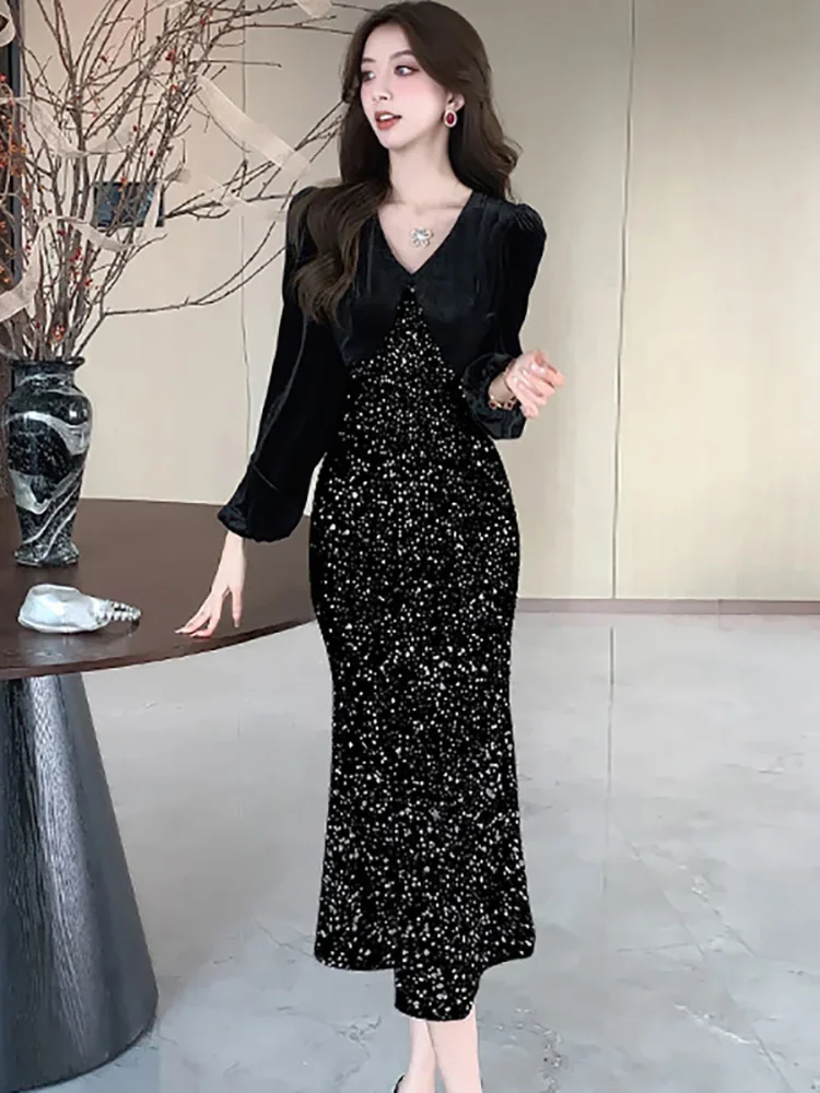가을 겨울 레드 벨벳 패치워크 스팽글 러플 롱 드레스 여성 우아한 럭셔리 드레스 가운 2026 한국 빈티지 이브닝 드레스