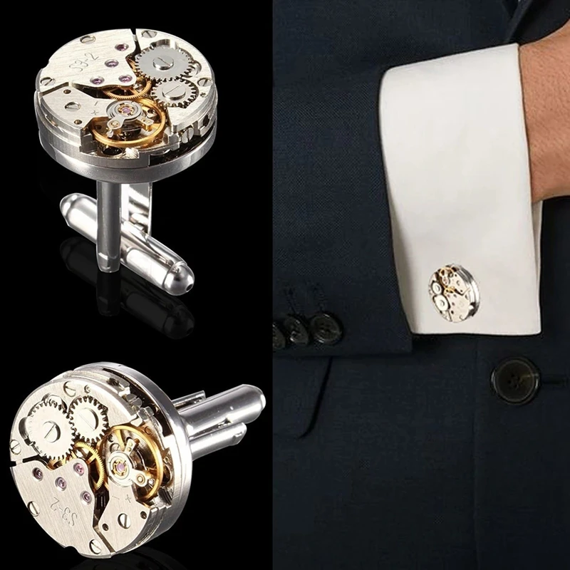 2Pcs Fashion Women Men Mechanical Watch Movement Cufflinks Shirt Sleeve Buttons Aircraft Modeling Cufflinks Parts