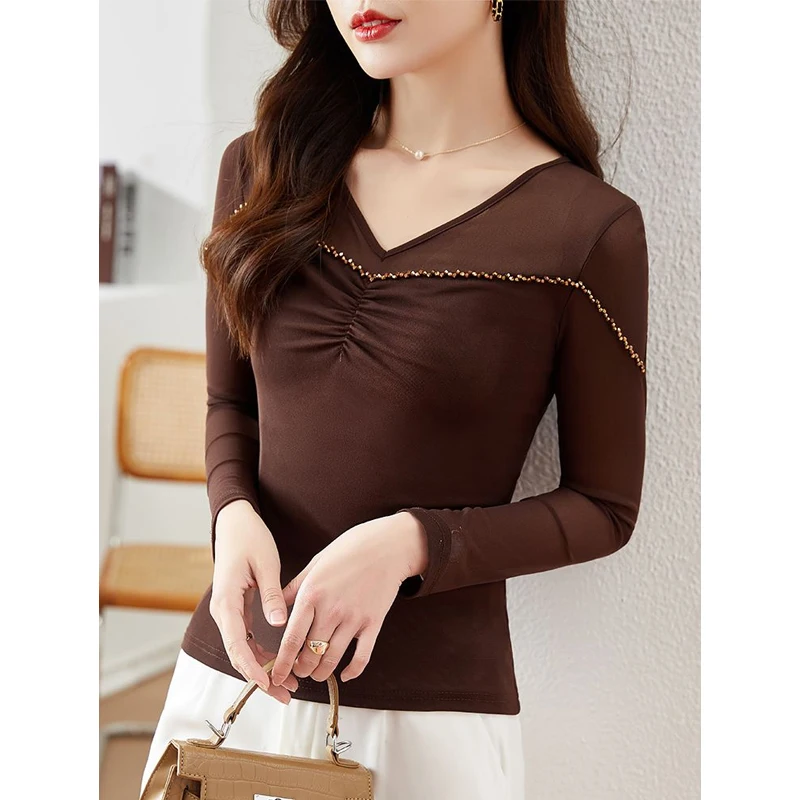 Spring Summer New Net Yarn V Neck Bottoming Shirt Long Sleeve V Neck Slim Solid Temperament Tops Elegant Fashion Women Clothing