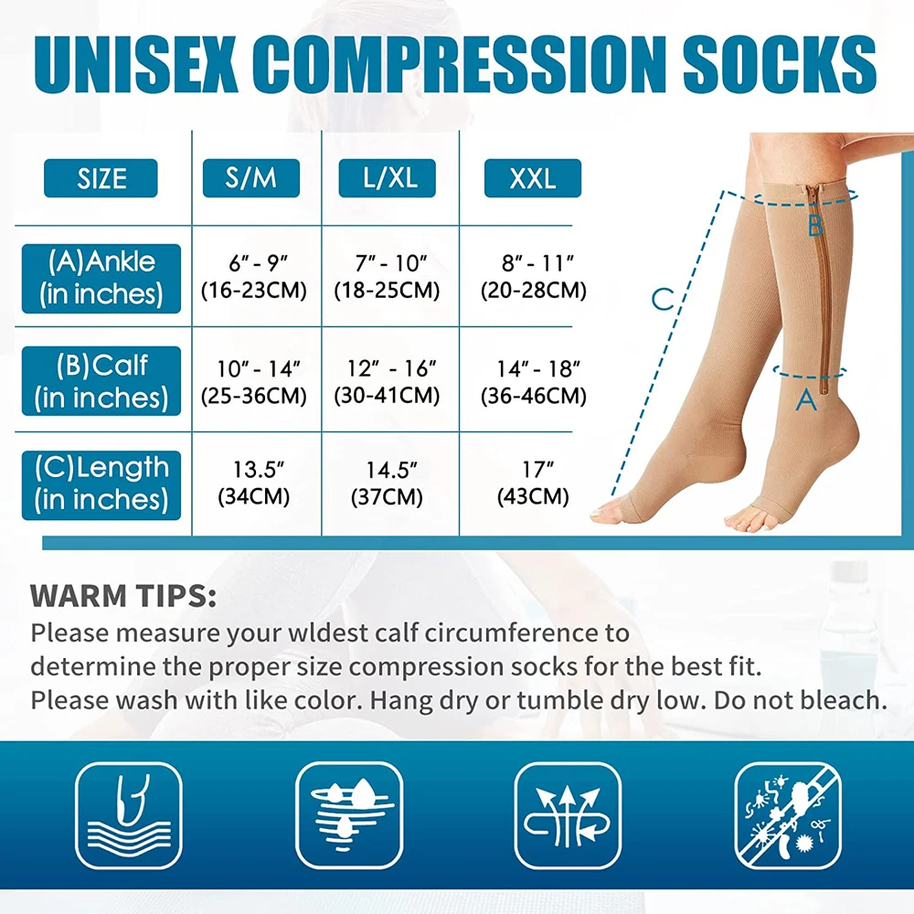 1Pair Compression Socks for Women and Men, Zipper 15-20 mmHg Toe Open Leg Support Stocking Knee High Socks For Swelling & Pain