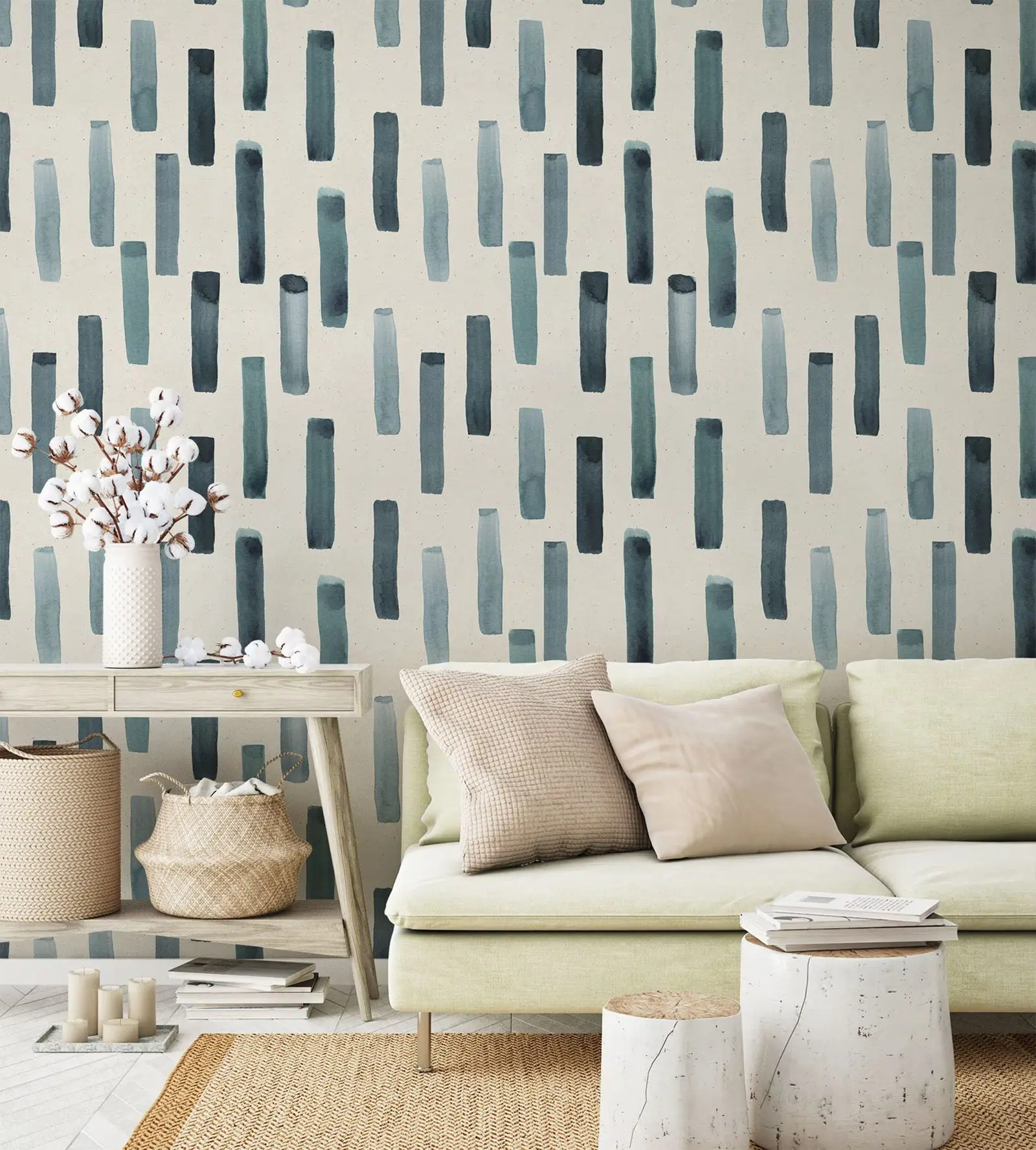 White and Blue Bohemian Wallpaper, Blue Lines Wall Mural,Abstract Minimal Design, Self Adhesive Wall Mural, Traditional Unpasted