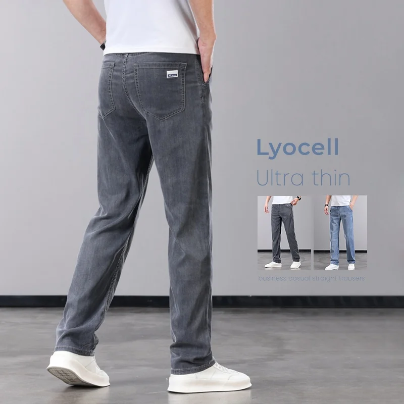 

Summer Thin Brand Denim Pants Men's Lyocell Jeans Straight Man Elastic Breathable Casual Trousers Soft Ice Silk Pants