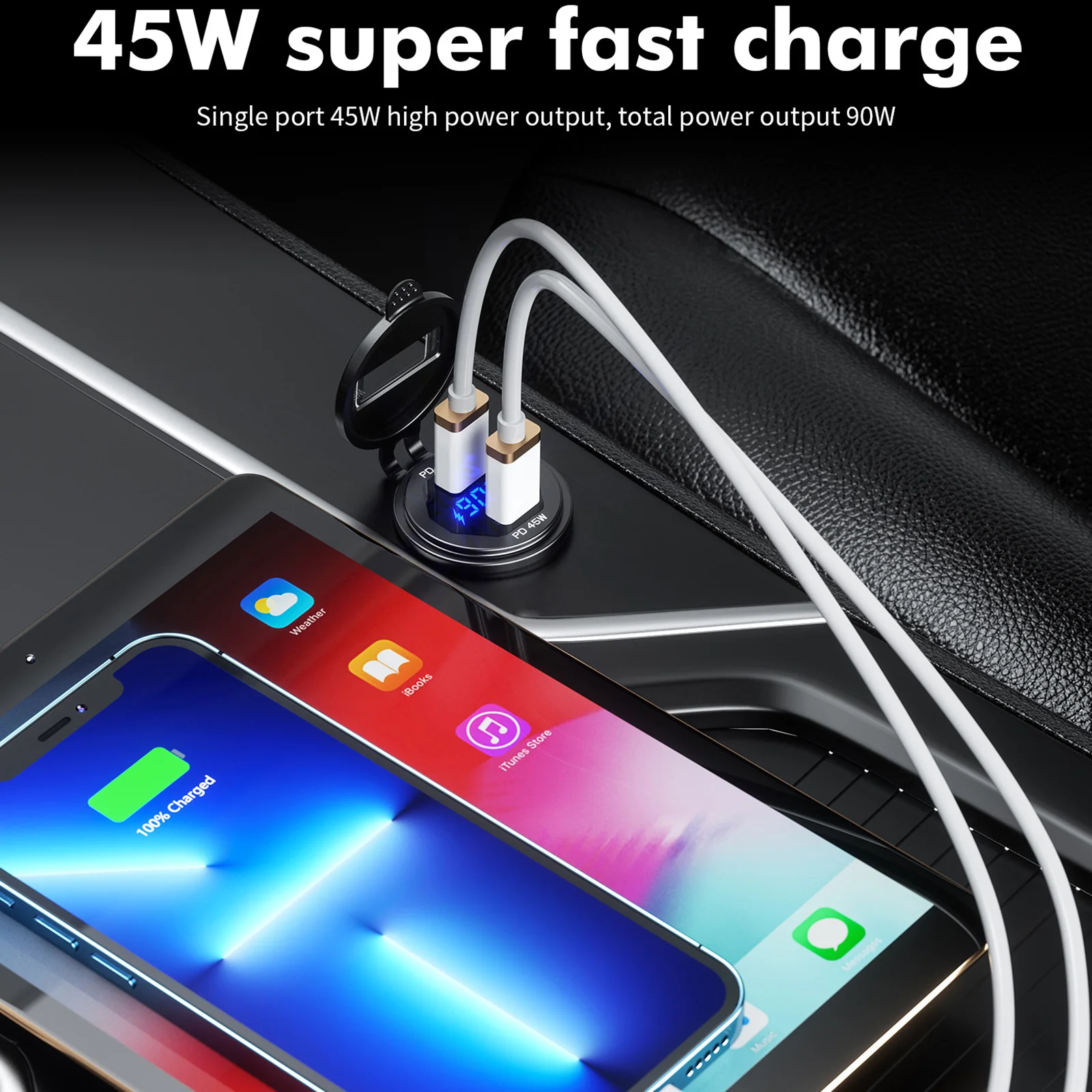 โลหะ Dual 45W USB C ประเภท C PD Fast ที่ชาร์จแบตในรถแรงดันไฟฟ้า/Power สำหรับ SUV รถจักรยานยนต์รถบรรทุกเรือรถบัส RV ATV Dropship