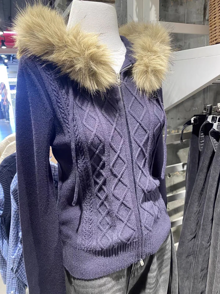 

Twisted Flower Navy Slim Sweater Cardigan Woman Spring Long Sleeve Fur Collar Hooded Sweater American Vintage Knit Hoodie Tops