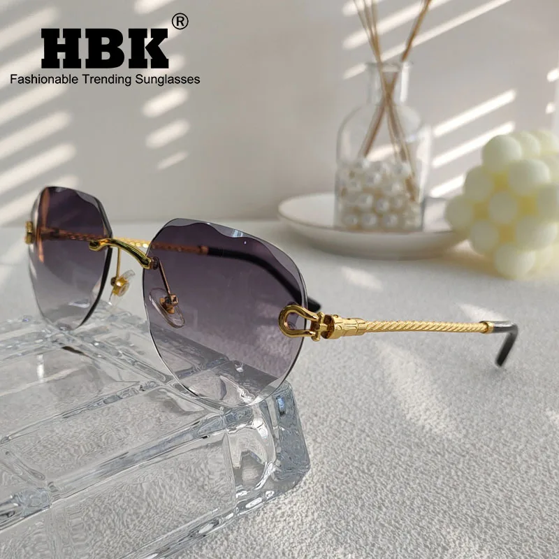 HBK 2023 New Pilot Sunglasses For Women Fashion Rimless Gradient Wave Cutting Oval Sun Glasses Men Luxury Frameless Shade UV400