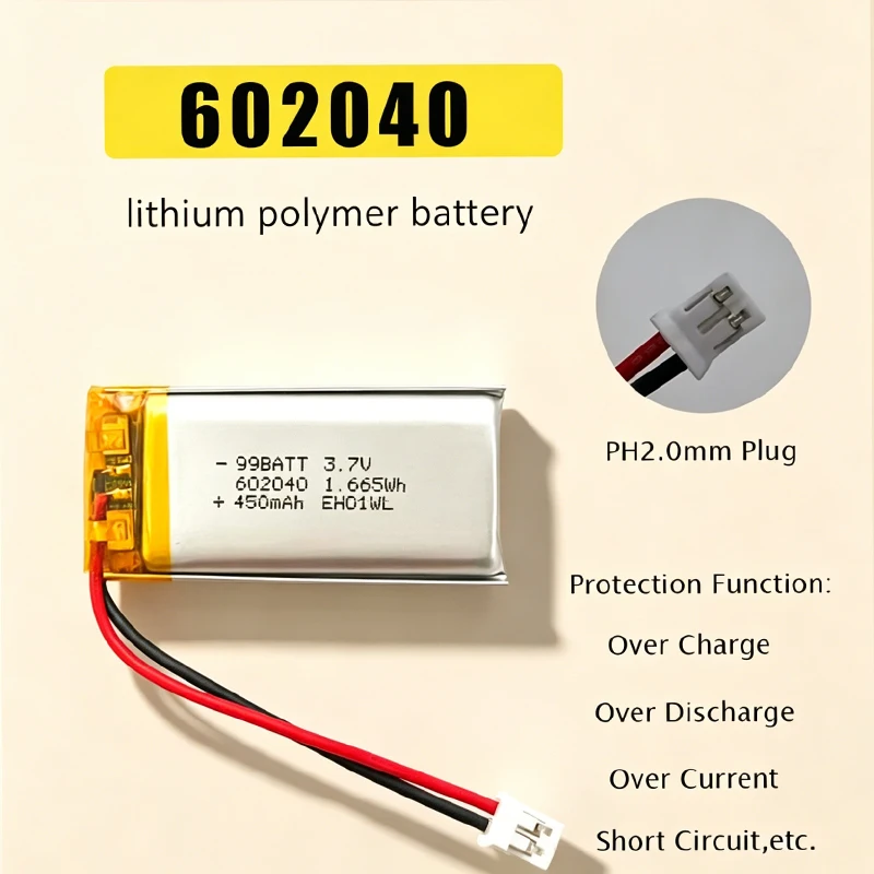 602040 3.7V Battery 450mAh Lithium Polymer Li-ion Rechargeable Batteries for GPS MP3 MP4 MP5 Car DVR Tachograph Headphone Cell