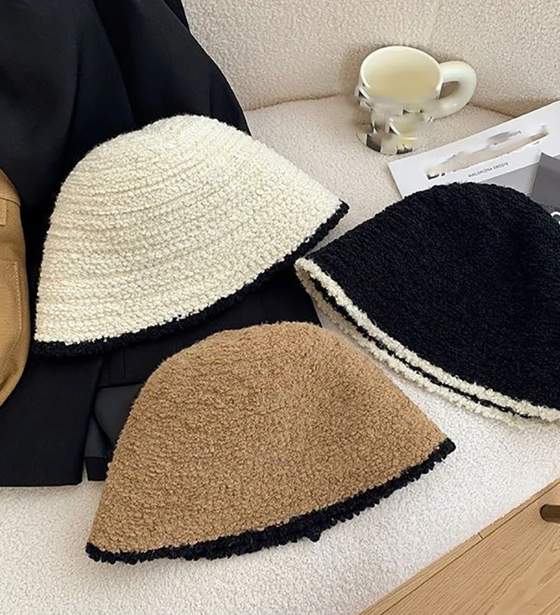 Ladies Fashion Warm Knitted Fisherman Hat Autumn Winter Splicing Color Women Simple Bucket Hat Windproof Ear Protector Plush Hat