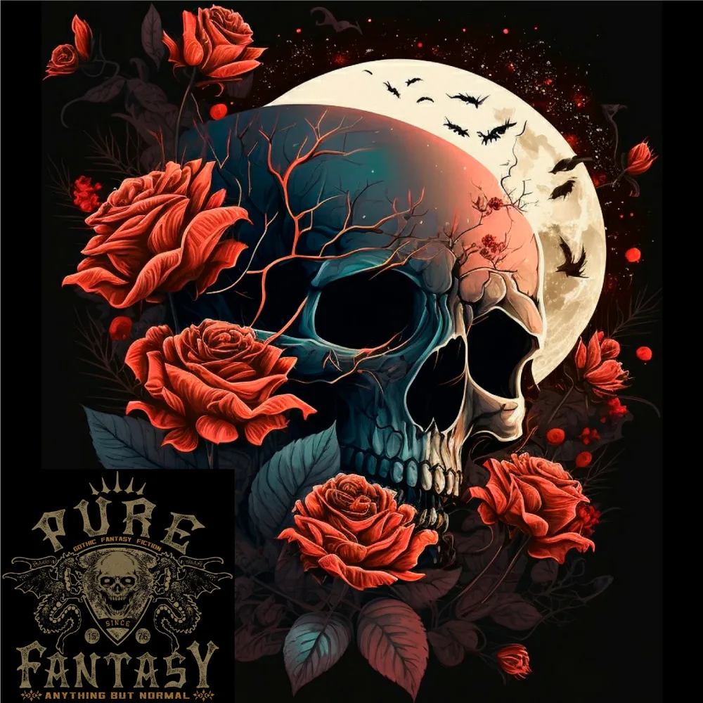 

A Dark Fantasy Skull With Roses and Moon Mens Cotton T-Shirt Tee Top
