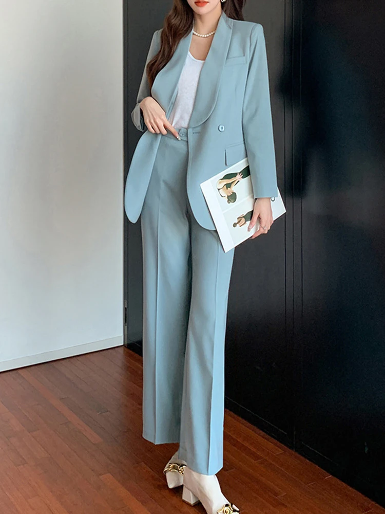 

Women Clothes Solid Formal Outfit Suits Casual Tops Coat Blazer Suit And Straight Long Pants Trousers 2 Piece Set Commute Spring