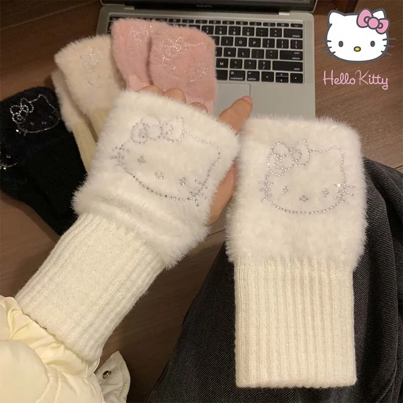 Sanrio Hello Kitty Half Finger Gloves For Women Fashion Winter Warm Soft Knitting Gloves Casual Cartoon Fingerless Mitten Gifts