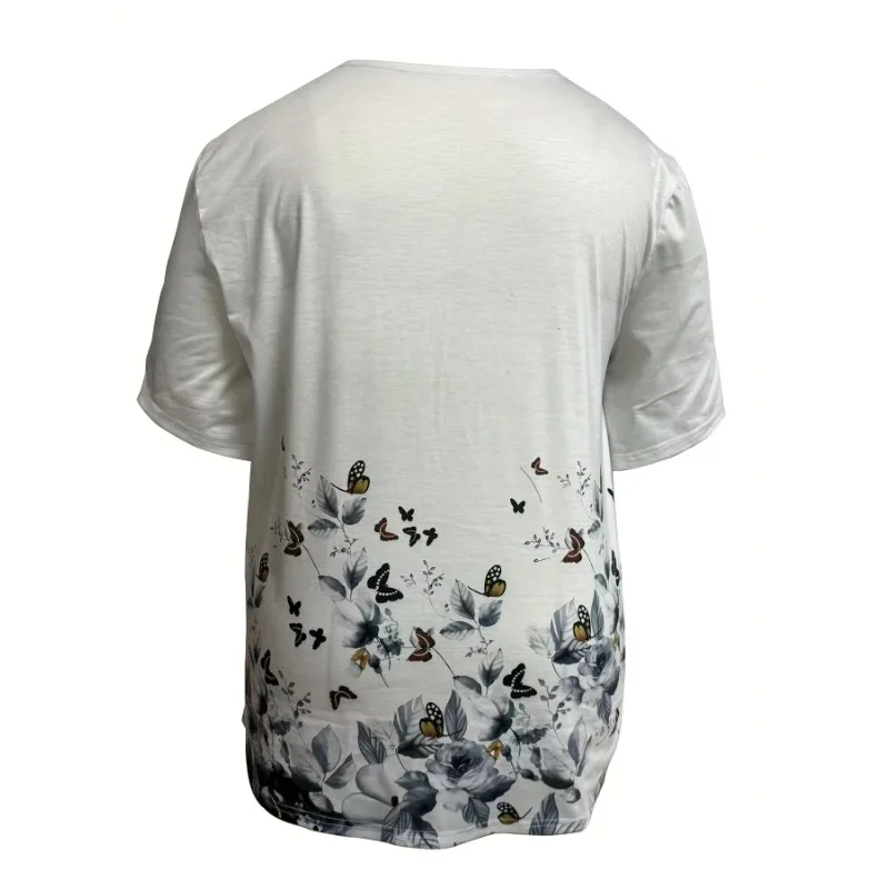 Plus size 1xl-5xl todas as estações feminino solto ajuste manga curta com decote em v camiseta senhoras 3d impressão digital floral retalhos casual topos
