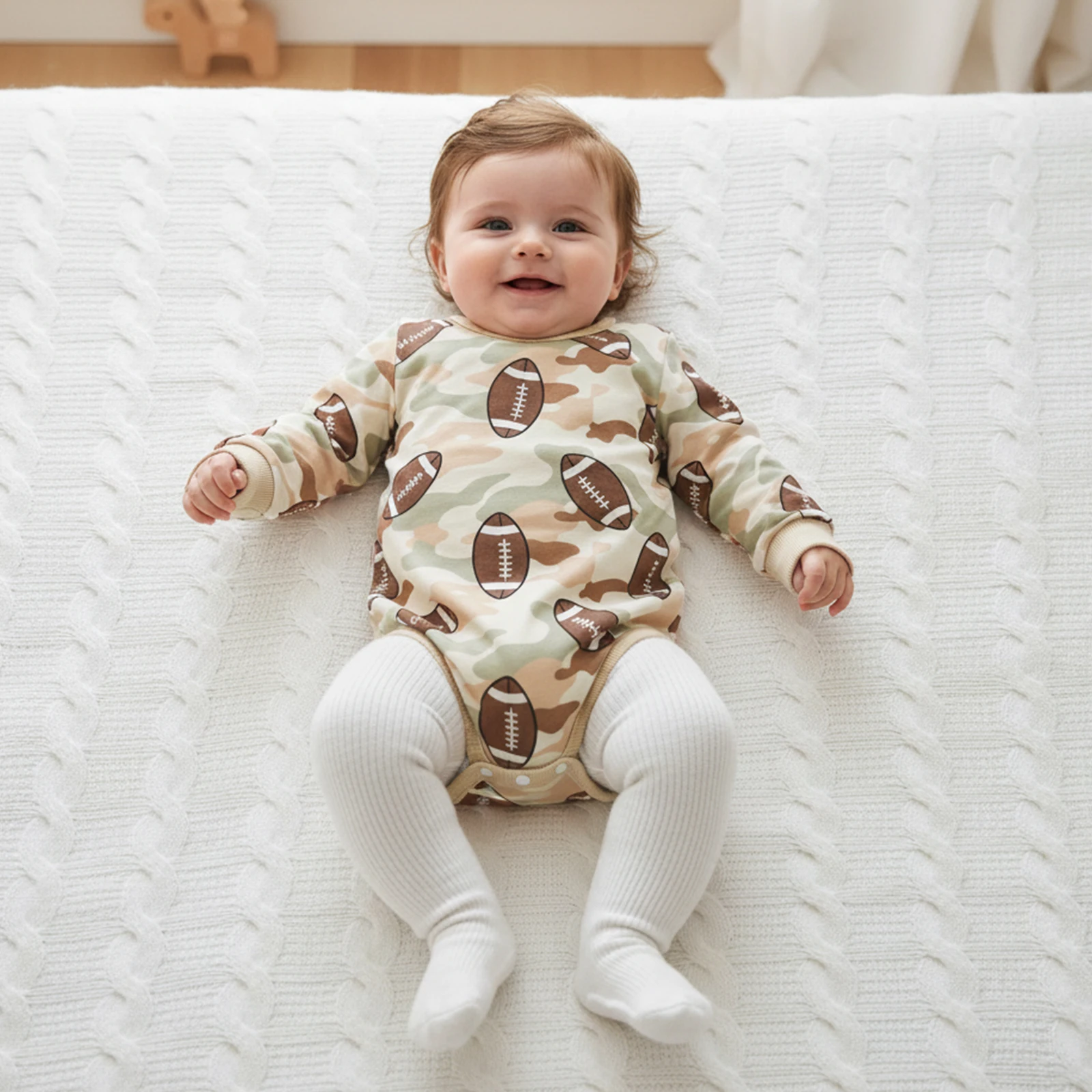 

Suefunskry Baby Fall Romper Loose Fit Stylish Camouflage Rugby Print Crew Neck Long Sleeve Newborn Jumpsuit