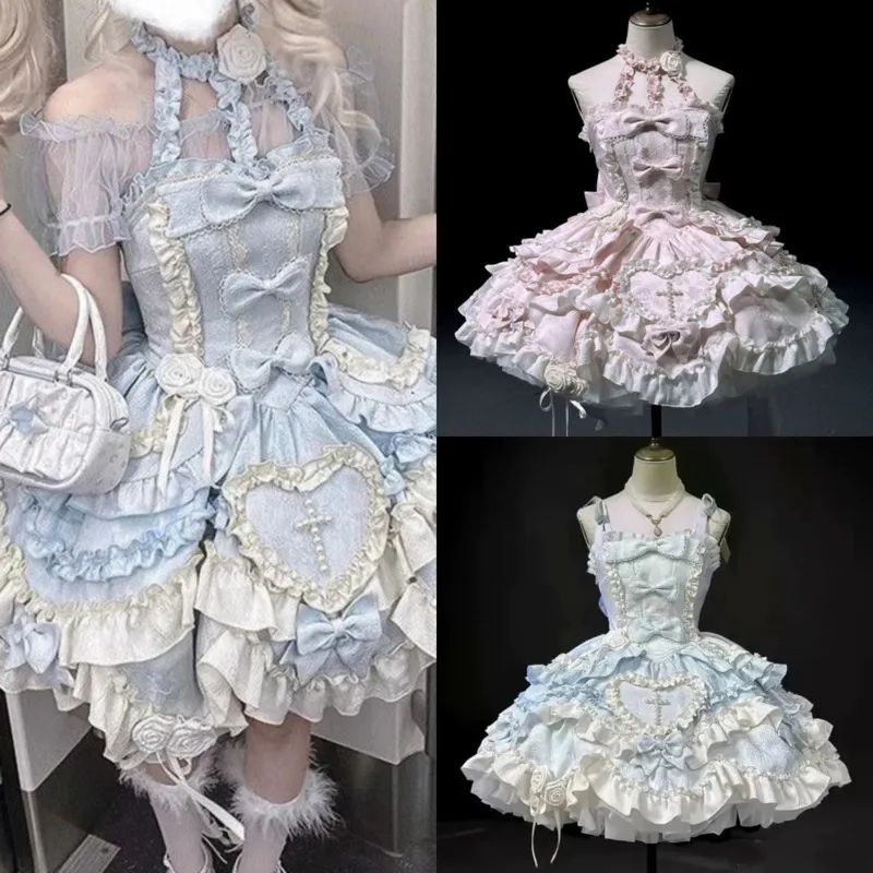 

Bow Dresses Midi Dresses Flower Dresses Princess JK Lolita Y2K Sweet Neck Tie Lace Layering A-line Skirt Girl Party Dresses New