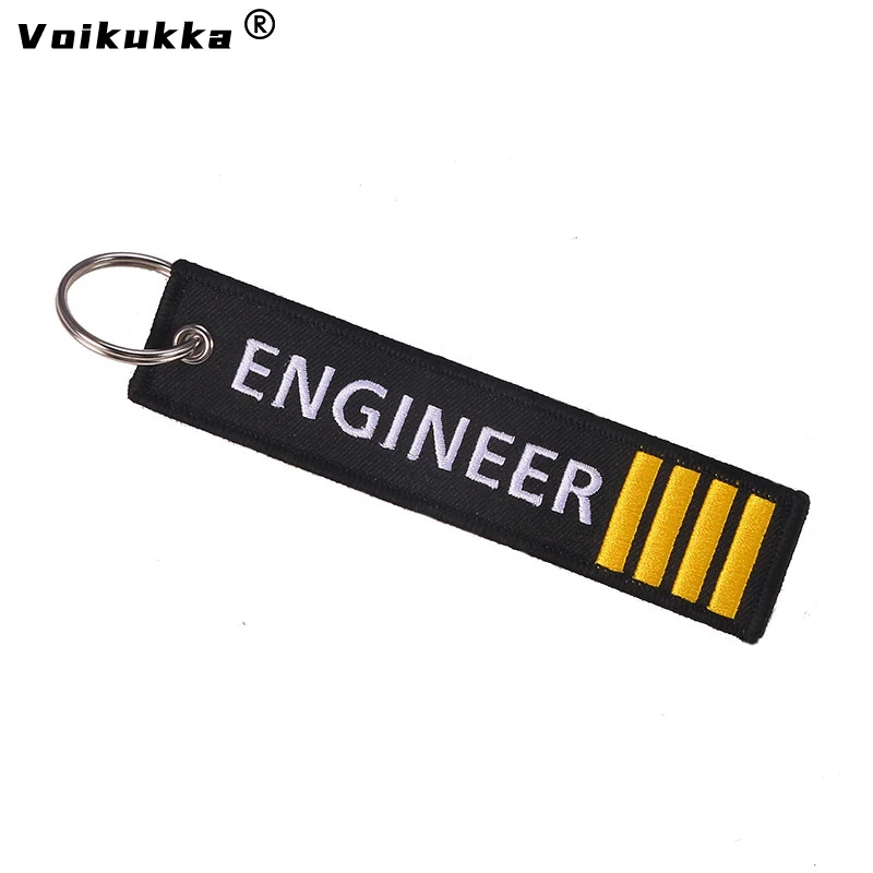 Voikukka Jewelry Text Embroidery Engineer Pilot Four Bars Keychain Black Pendant Tags Rectangle Key Chains Souvenir Wholesale