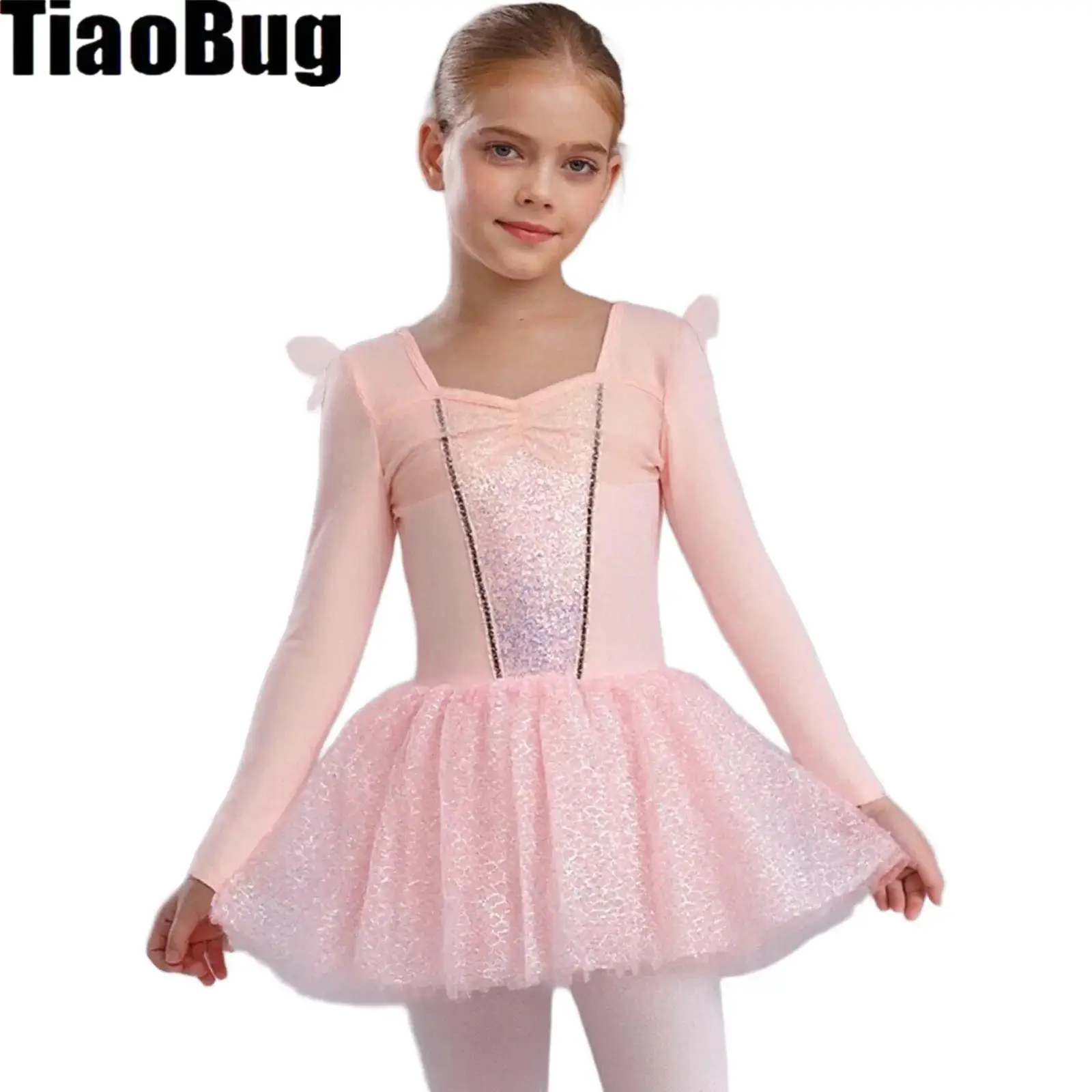 キッズガールズ光沢のあるスパンコールバレエドレスシアーメッシュフリル長袖パッチワーク魚の鱗チュールチュチュダンスドレスダンスウェア