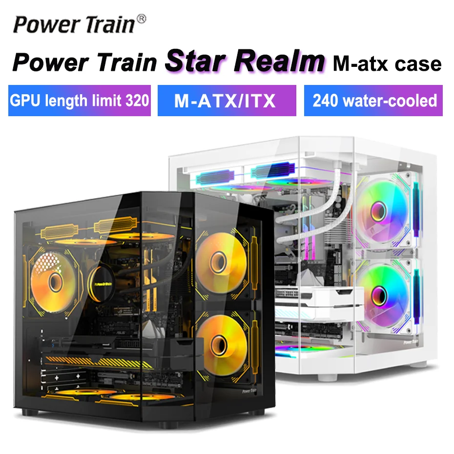 Power Train Star Realm M-ATX Desktop-Gehäuse, dreiseitiges Glas, Panorama-Seeansichtraum ohne Säulen, 240 Wasserkühlung, PC-Gehäuse