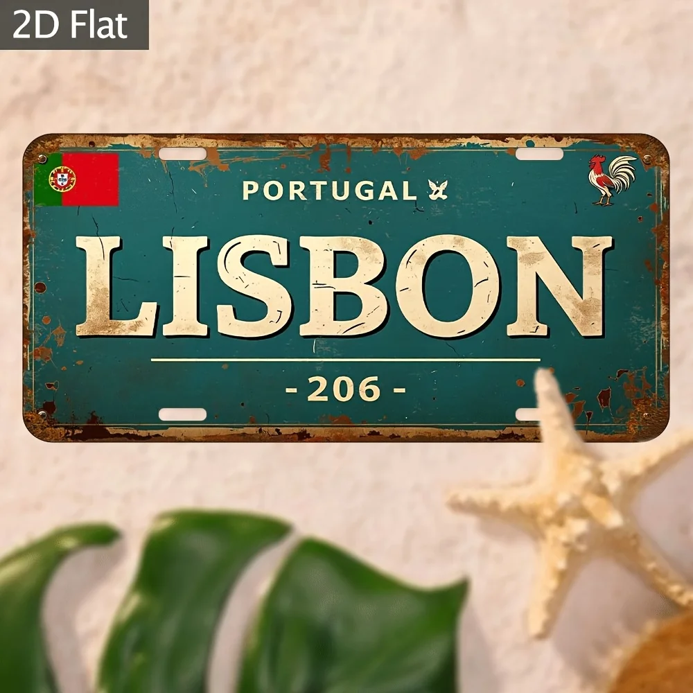 2D Flat, 1pc Handmade Portuguese Lisbon Wall Art Plaque - Vintage Suitable for Home, Cafe, Bar Decor with Teal Rust & Rooster Em