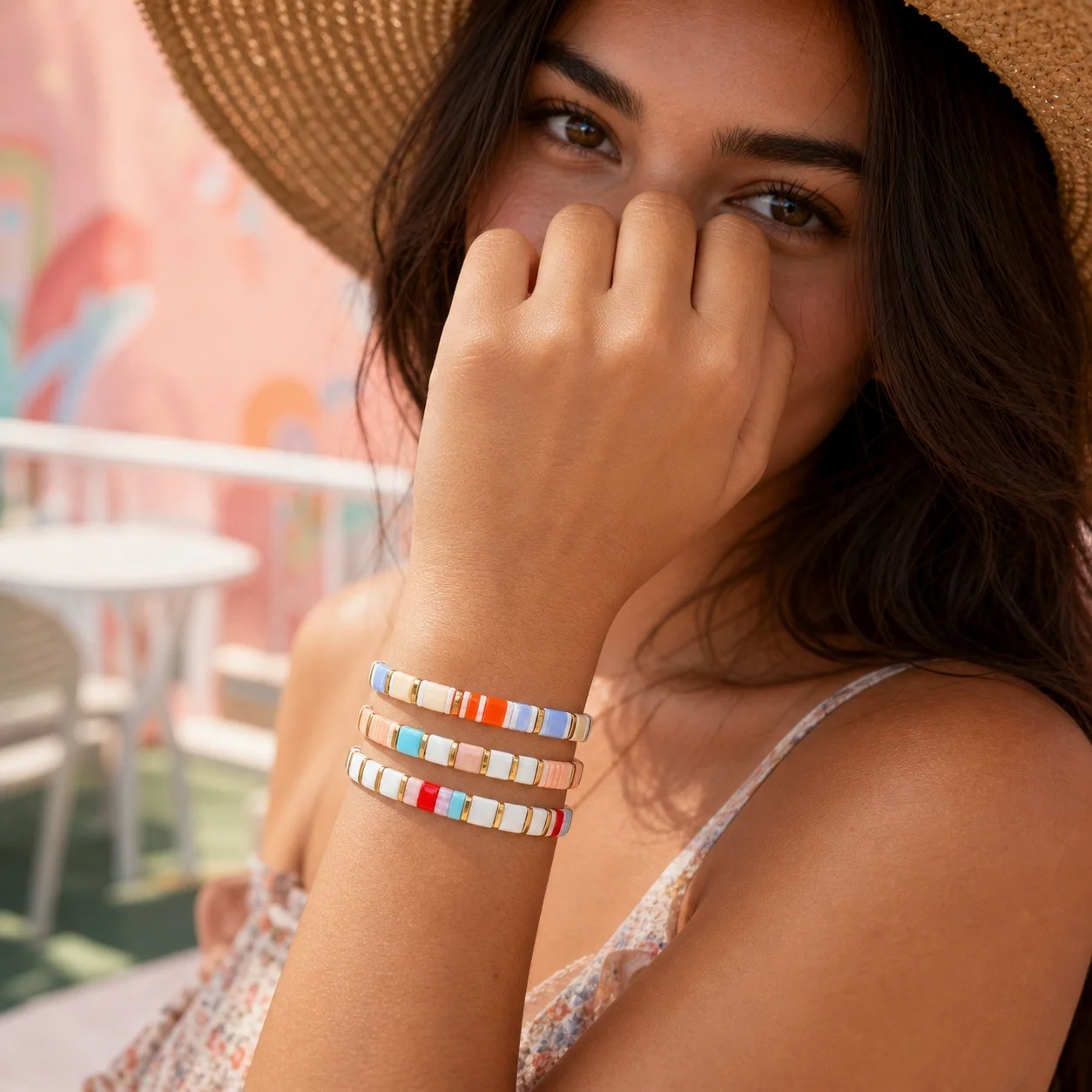 3pcs Women's Trendy Geometric Glass Tile Beaded Strand Bracelet with Multicolor Block Pattern Fashion Style Jewelry