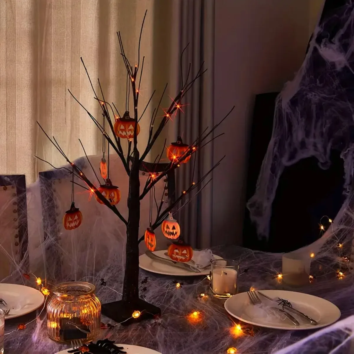 1pc 24 LED Orange And Purple Lighted Halloween Artificial Birch Tree Light DIY Black Branches Lights Tabletop Halloween Spooky