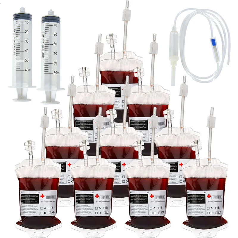 

400ml Vampire Blood Bag Drinking Bags Fruit Juice Blood Drinking Pack Beverage Bag Syringe Halloween Decoration Party Supplies