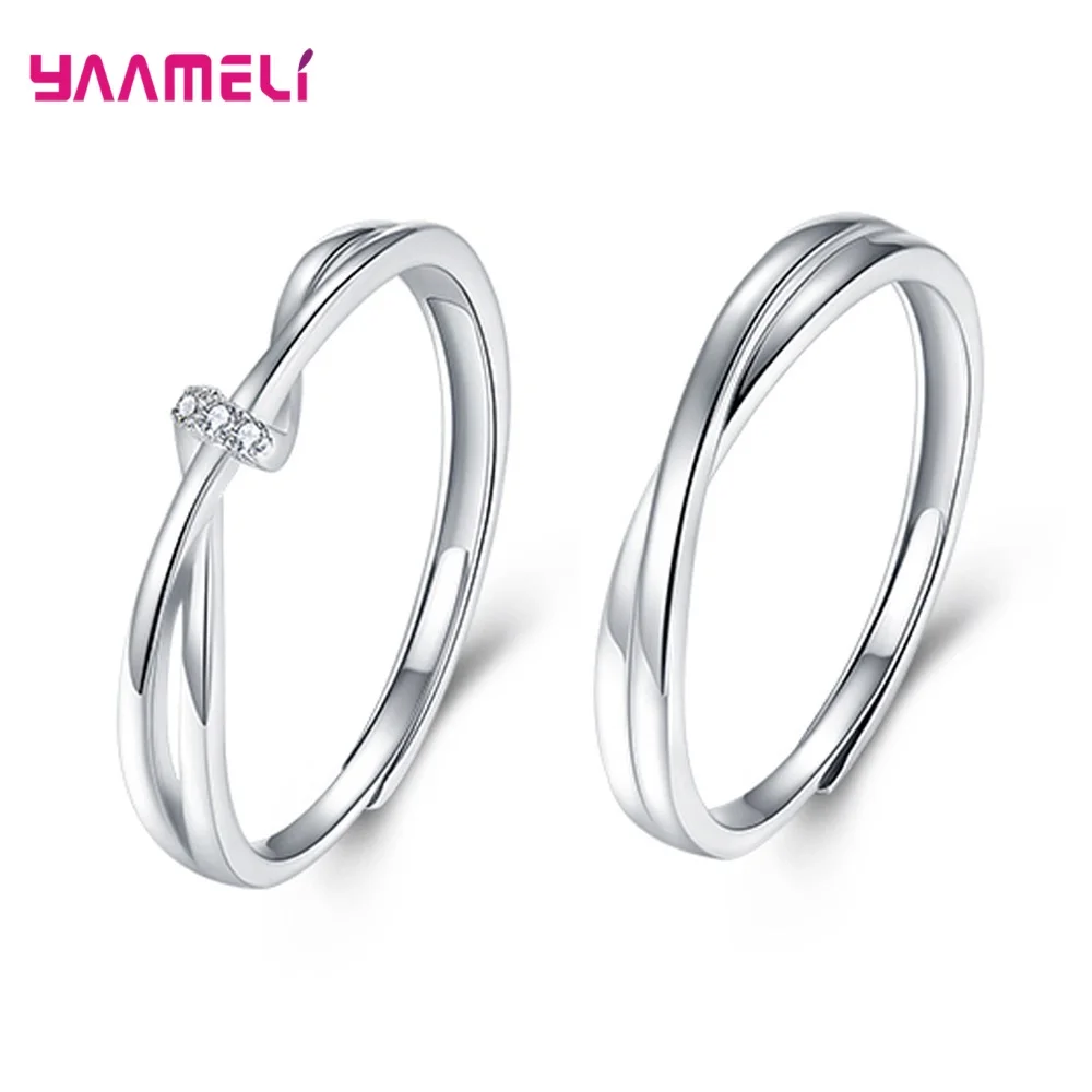 925 Sterling Silver Opening Adjustable Band Promise Couple Ring Set for Women Men Cubic Zircon Inlay Paved Wedding Jewelry