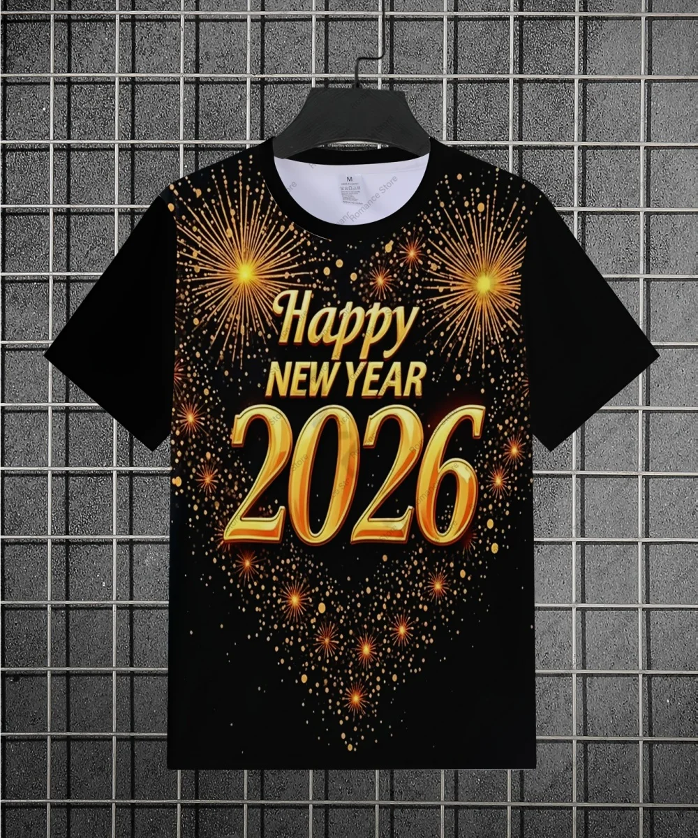 الرجال ثلاثية الأبعاد تي شيرت مطبوع سنة جديدة سعيدة 2026 تصميم الصيف عادية تي شيرت الشارع الشهير اليومية التي شيرت الرجال القمصان النسائية #4