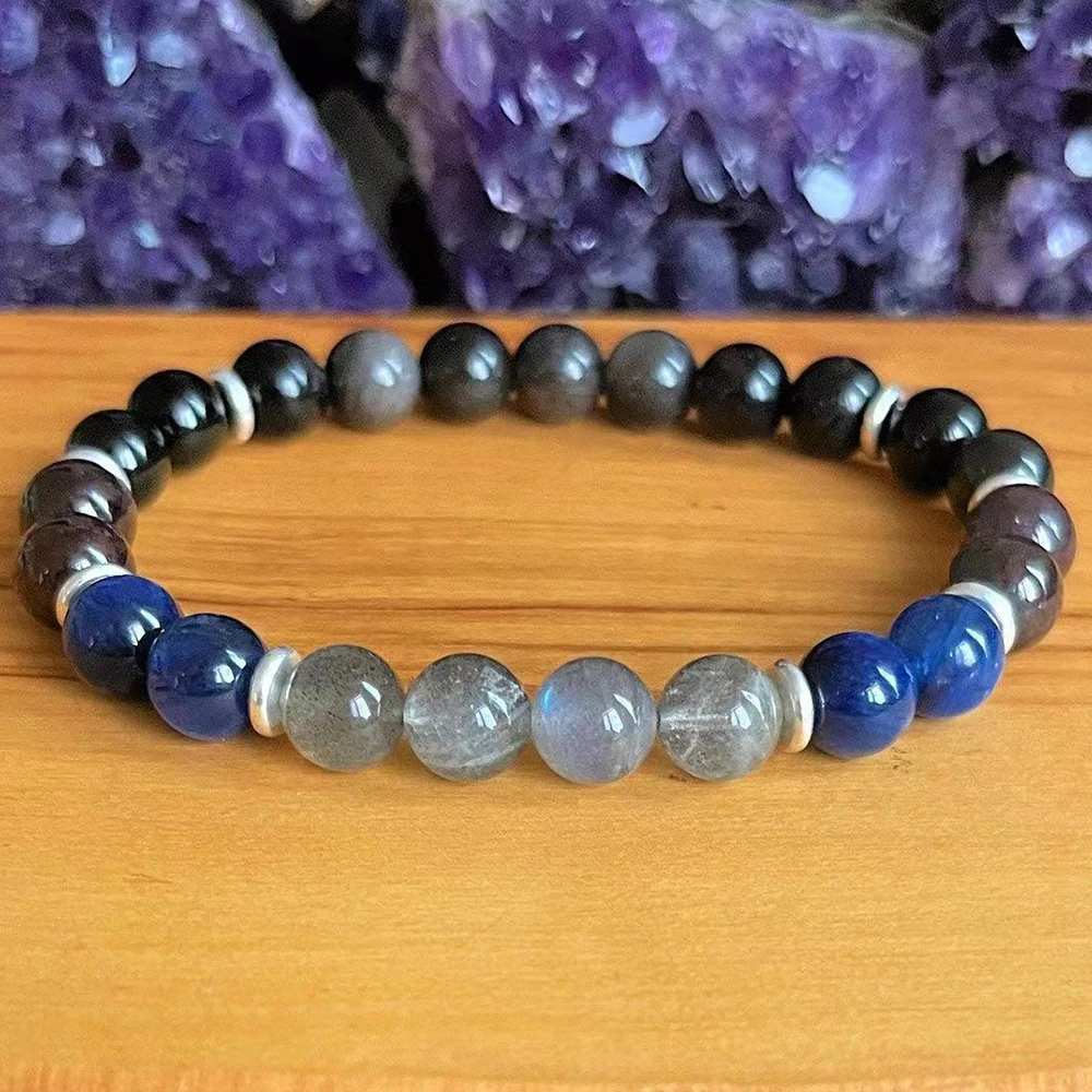 

MG1847 8 MM Labradorite Kyanite Garnet Black Tourmaline Silver Obsidian Bracelet Womens Negative Energy Protection Wrist Mala