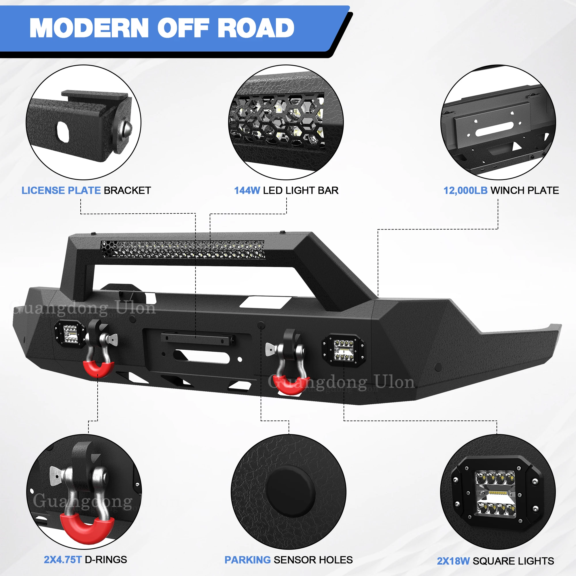 Ulon New Product Front Bumper For 2019-2022 GMC Sierra 1500, With LED Lights & Sensor Holes & D-Rings, Textured Black Bumper