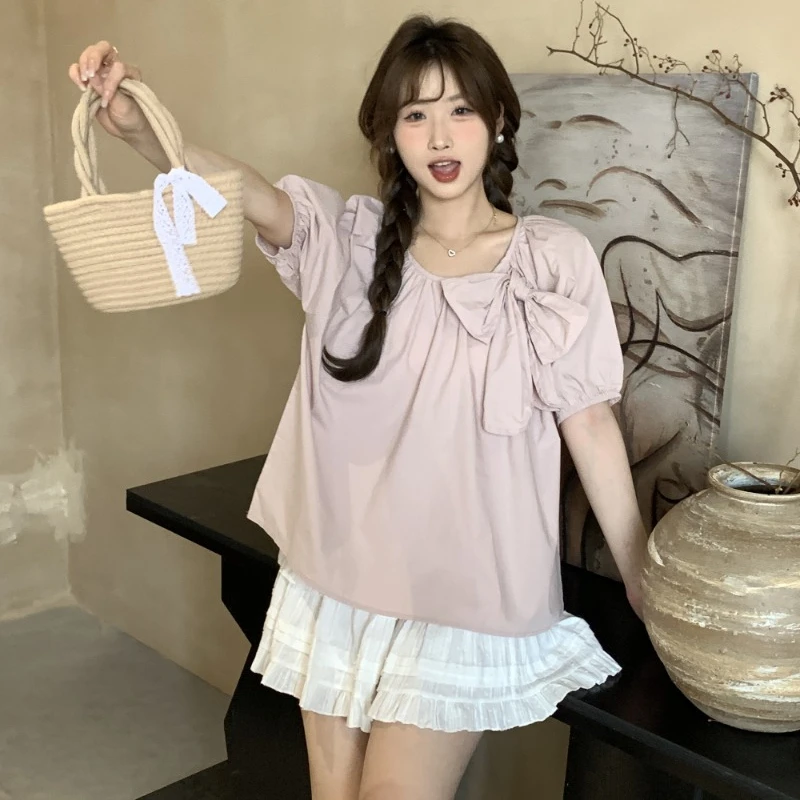 O-neck Bow T-shirts Women 2024 New Korean Style Sweet Solid Color Lantern Sleeve Loose Tops Office Lady Versatile Blouse Female