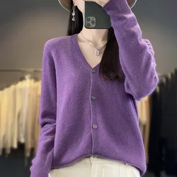 Autumn And Winter 100% Wool V-neck Knitted Cardigan Basic Versatile Coat Women's Elegant Sweater Loose Cashmere Sweater WQ015