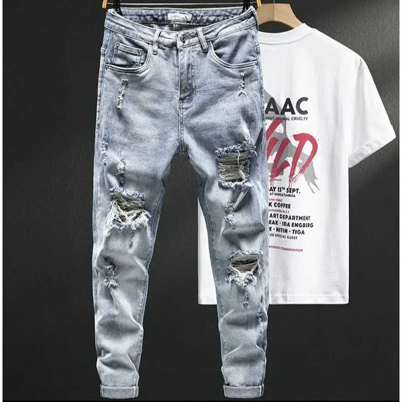 Beggar Big Hole Light-colored Jeans 2025 Men's Spring and Autumn New Korean Slim-fitting Small Feet Elastic Distressed Pants