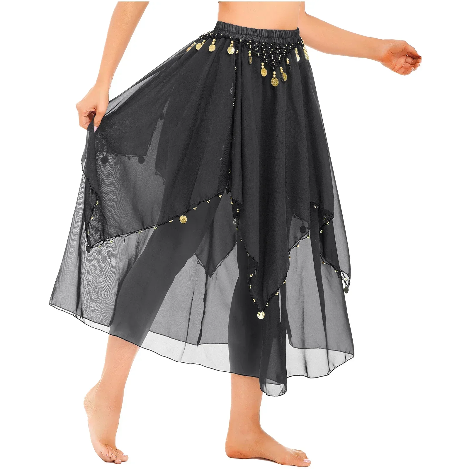 Women's Sequins Belly Dance Skirt Beaded Dance Chiffon Tulle Indian Stage Performance Bollywood Costume Maxi Skirt Dancewear