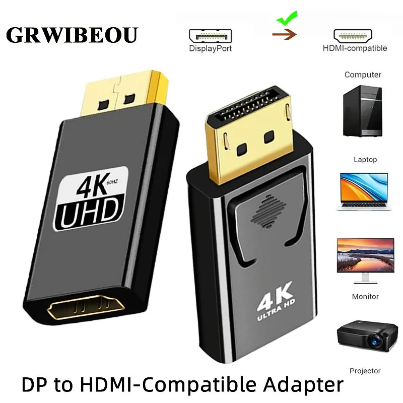 GRWIBEOU 4K 1080P DP DisplayPort to HDMI-Compatible Adapter Converter DP Male to HDMI-Compatible Female HD for PC TV Laptop
