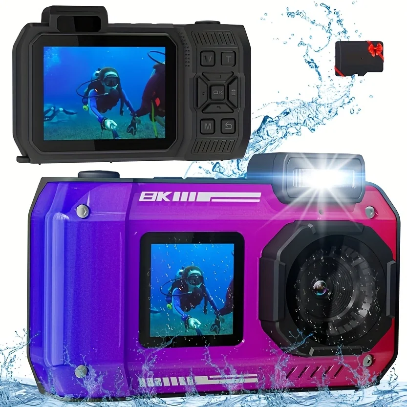 8K 70 MP digitale wasserdichte Kamera, 33 Fuß Unterwasserkamera, langlebig, stoßfest, Tauchen, Selfie-Dual-Screen mit 32G-Karte