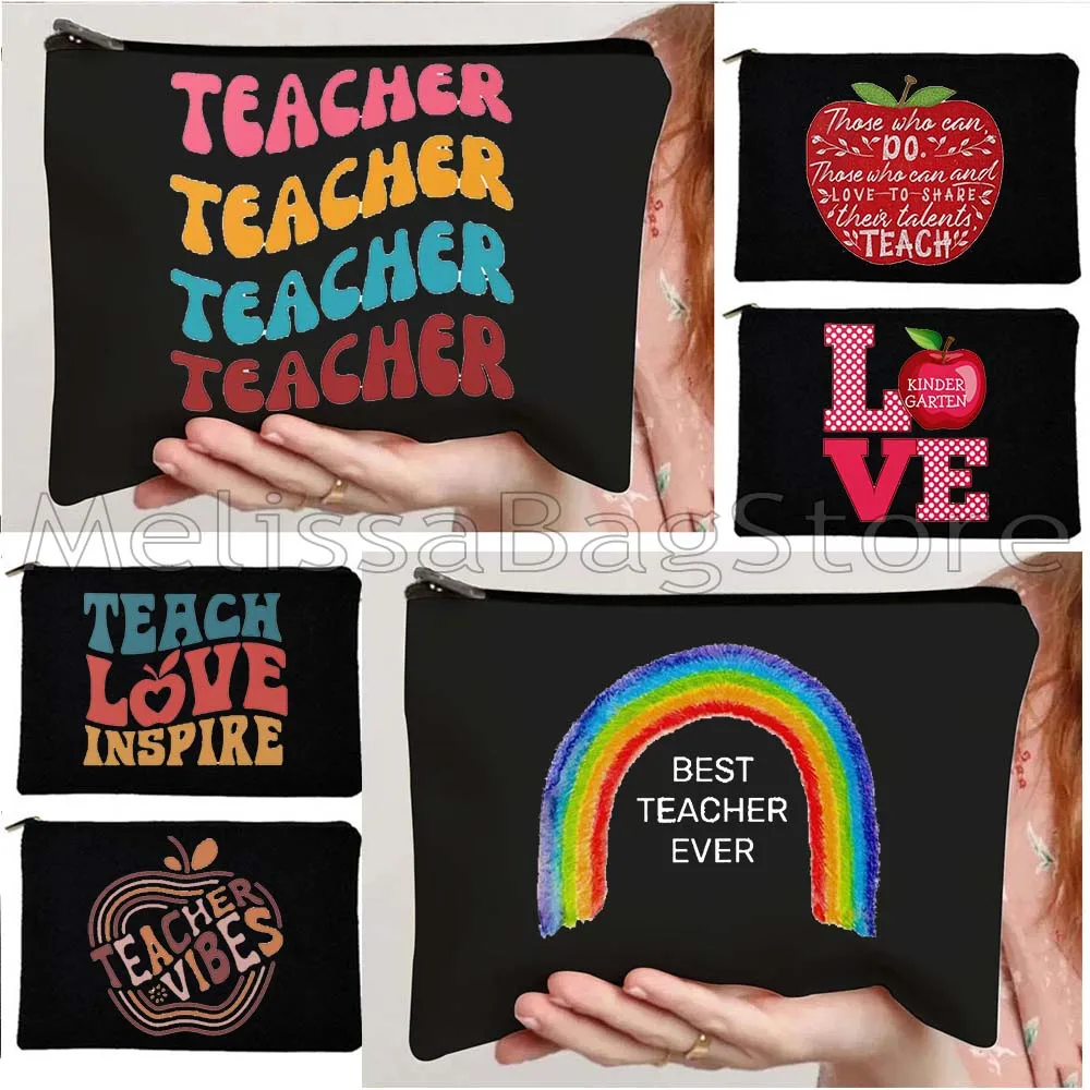 Cute Best Teacher Ever Modern Flower Butterfly Apple Boho Rainbow School Teacher Gifts Cosmetic Lipstick Bags Girl Makeup Case