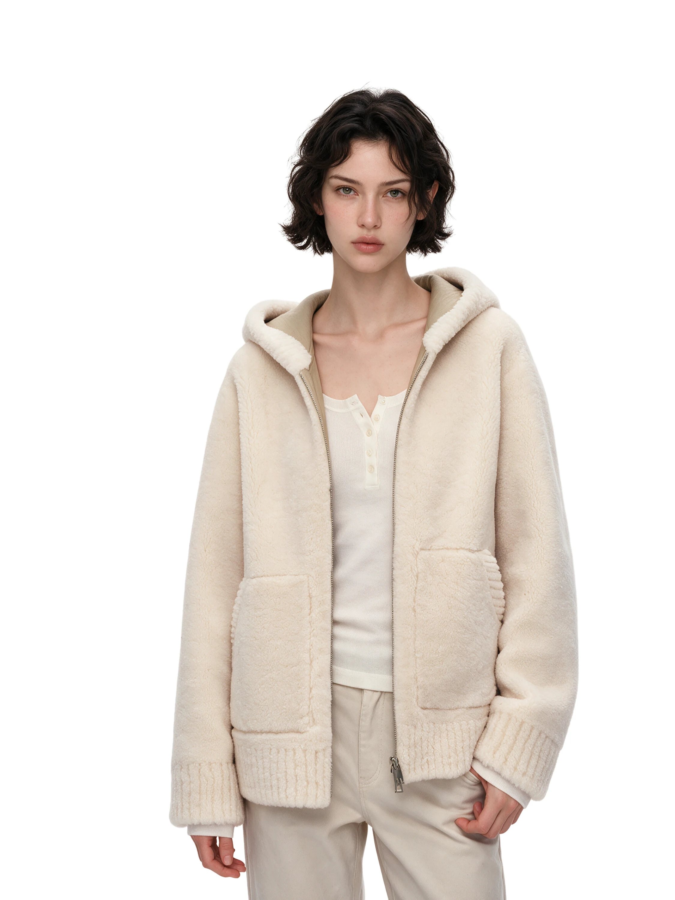 Eco-Friendly GOGO BURN Beige Hooded Merino Lamb Fur Jacket Women's Winter Coat Short Zipper Standard Fit No Fur Splicing