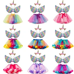 Girl Birthday Party Costumes Unicorn Horn Headband Cute Fairy Wing and Sparkle Tutu Skirt Set for Princess Cosplay Kids Outfits