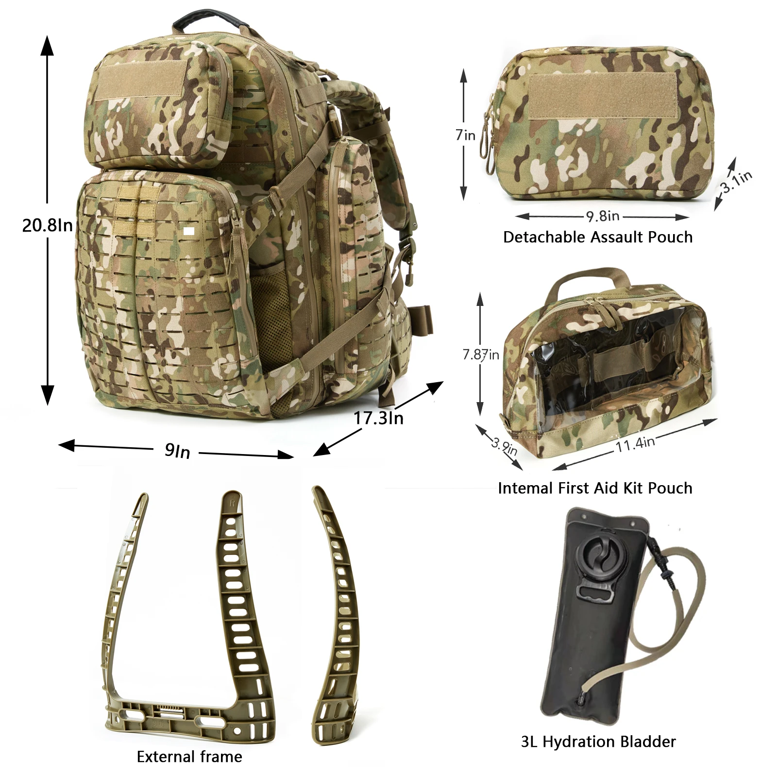 Akmax MIL Medium Rucksack MOLLE Tactical Assault Backpack, 3 Day Pack for Camping, Hiking, Bug Out, Multicam Camo