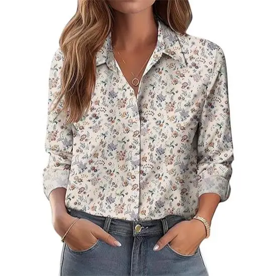 Ele dameskraag met print, lang Sve irt, slim fit, polyester spandex, mengsel, bestand tegen vervorming, lente 2025,