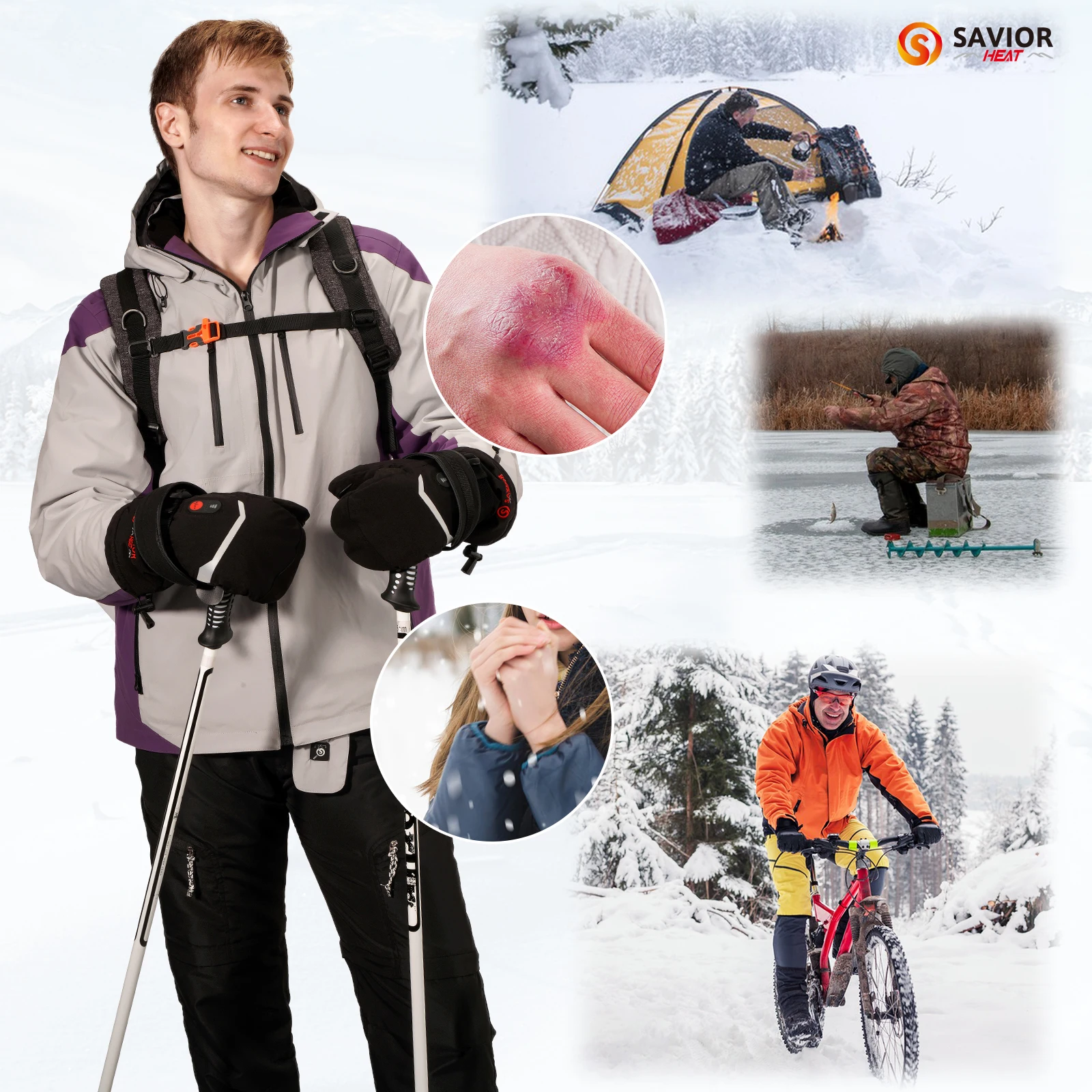 7.4V 2200mAh One-Button Snowboarding Gloves Microfiber Softshell Waterproof Windproof Heated 3 Levels Rechargeable