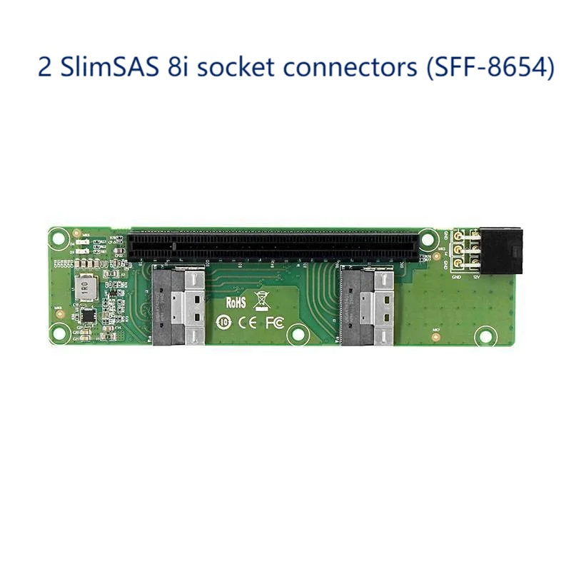 

2 разъема SlimSAS 8i (SFF-8654) Разъем PCle x16 с опорой для однослотовых сигналов x16