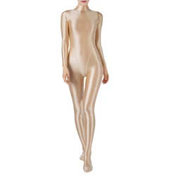 Womens Oil Glossy Bodysuit Solid Mock Neck Long Sleeve Slim Fit One Piece Jumpsuit Gym Workout Fitness Yoga Rash Guard Swimsuit