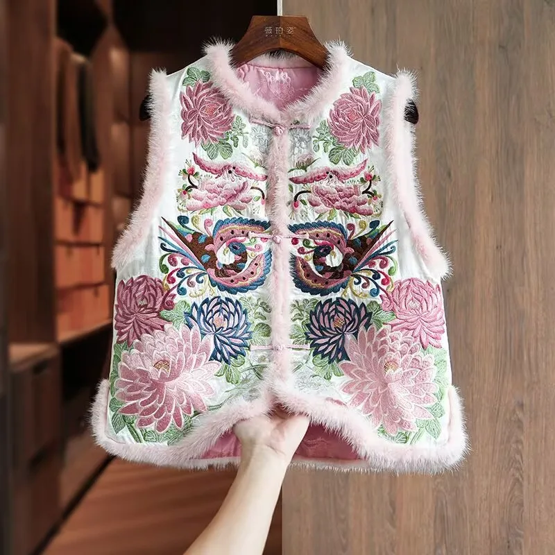 

New Chinese Style Women's Vest Jacket Round Neck Buckle Embroidered Thick Ethnic Padded Top Vests Autumn Winter Warm Coat