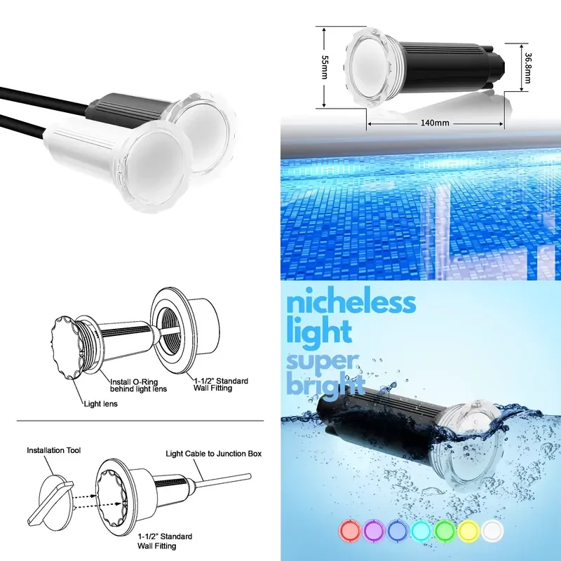Refined Replacement for Pentair MicroBrite Lights LED Pool Light Multi Color Changing RGBW 50FT 100FT Nicheless Pool Lights