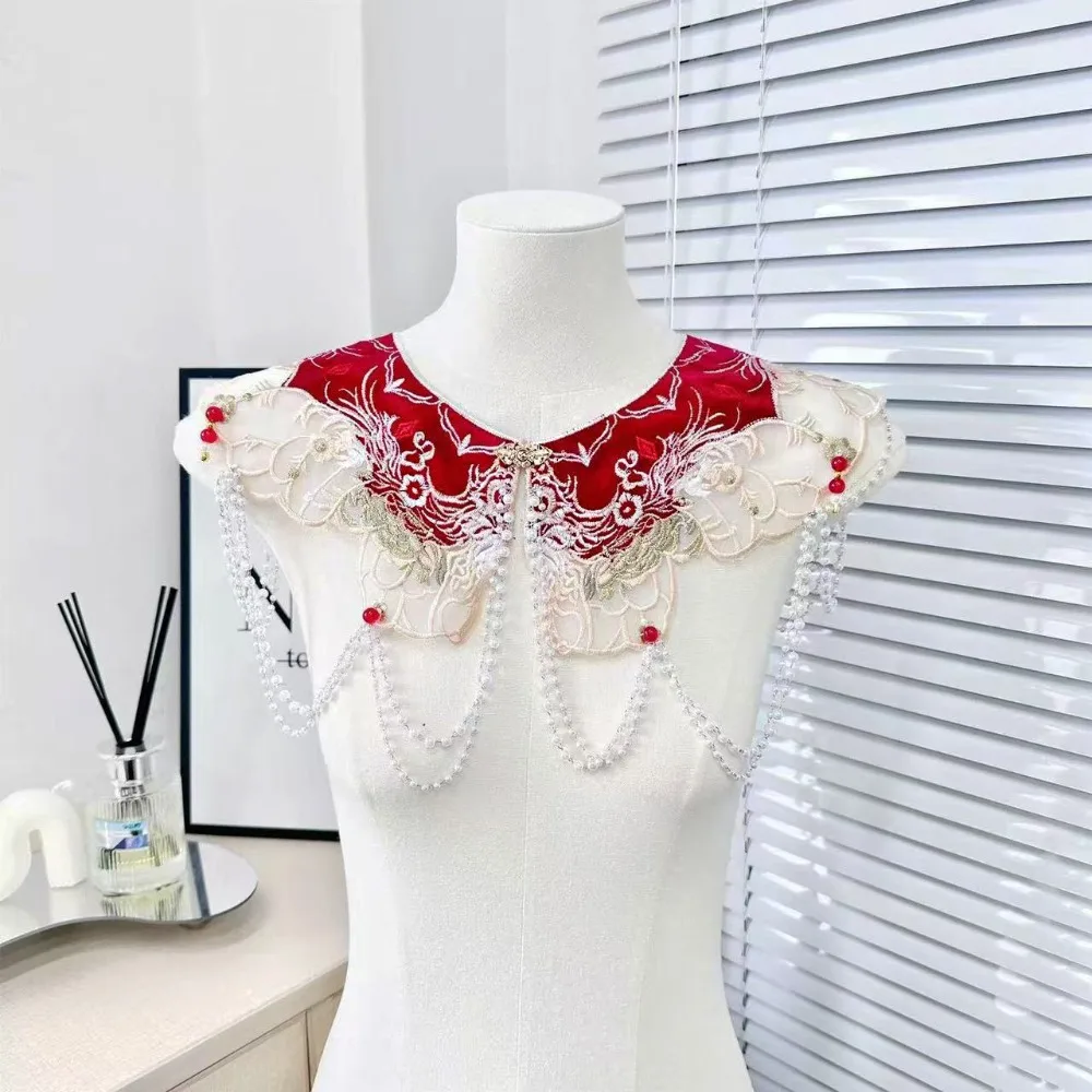 

Отстегивающийся воротник-накладка в китайском стиле Ханьфу с вышивкой, цветочным узором, вышитой шалью и жемчугом на плечах