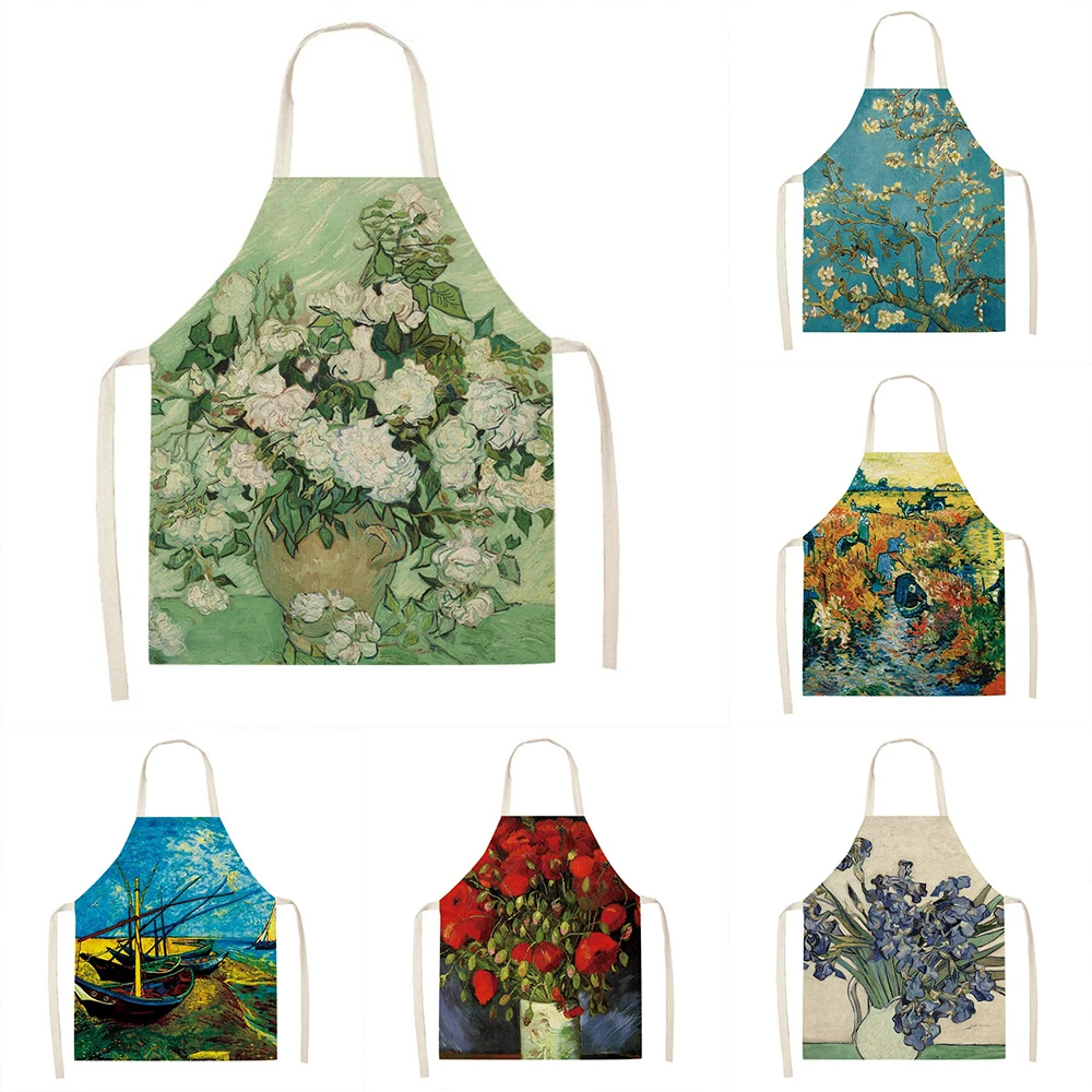 Creative Daisy Starry Sunflower Oil Painting Linen Apron Home Men\'s Cleaning Sleeveless Bib Kitchen Cooking Apron