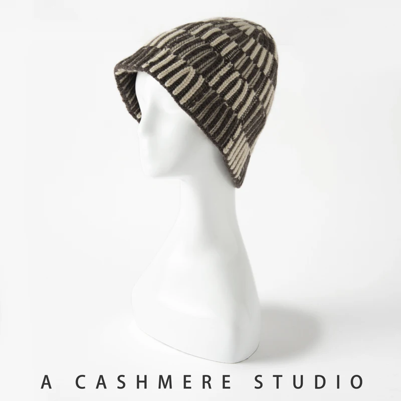 100% Cashmere Fisherman Hat Women's Striped Color Matching Fashion Bucket Hat Autumn/Winter Knitted Thickened Bucket Hat Women