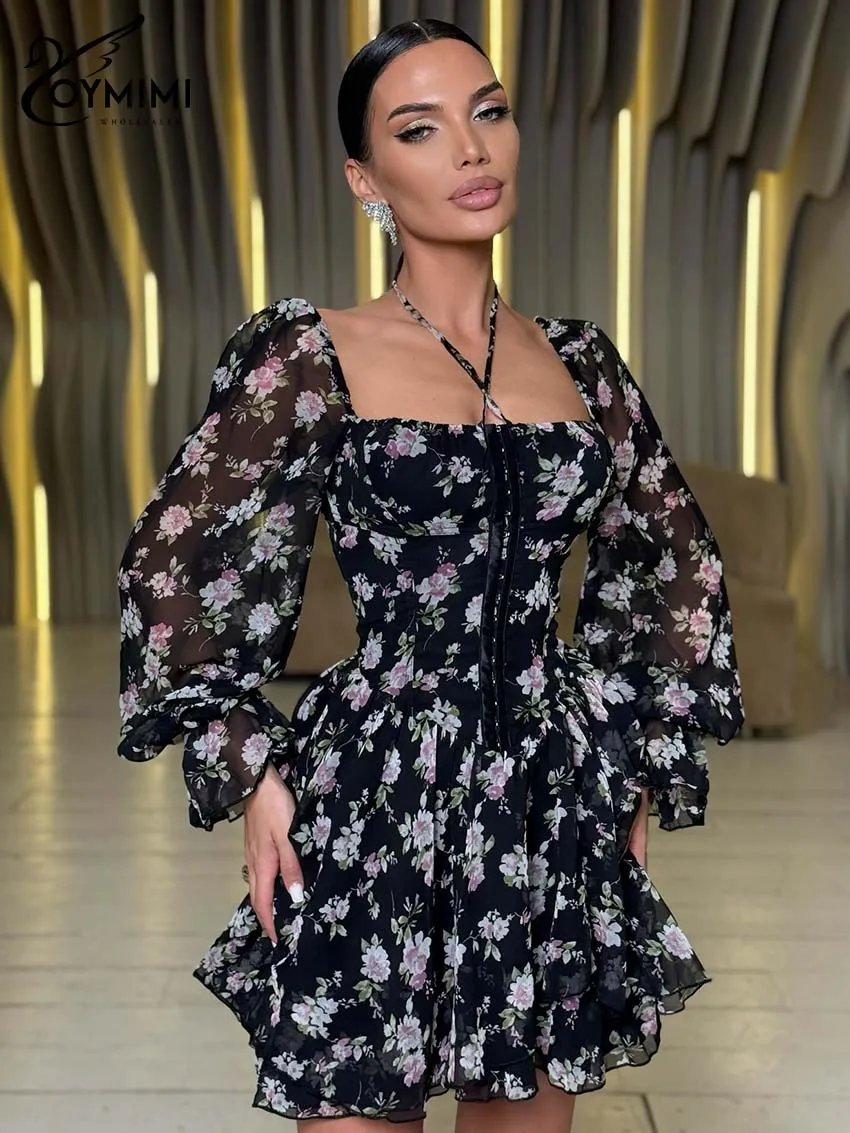 

Oymimi Women's Black Floral Chiffon Dress Square Neck Halter Lantern Sleeve Ruched Waist Ruffle Mini Dress Party Chic Outfit