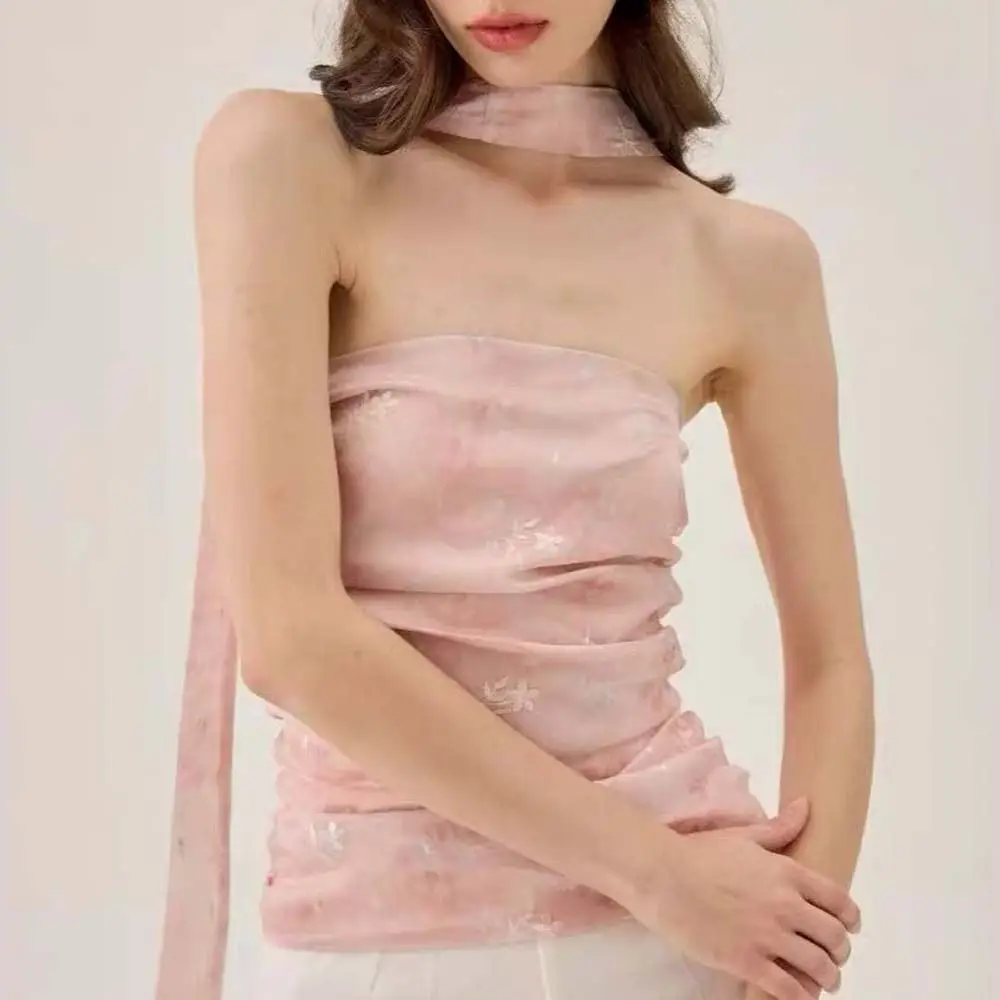 أنيقة مشد الوردي زهرة بروتيل سليم صالح أكمام الشريط المحاصيل القمم الدبابات الكورية نمط الحمالة سترة السيدات #2