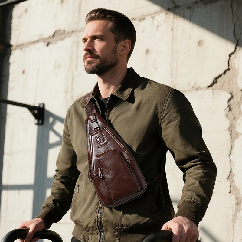 

Нагрудная сумка из натуральной кожи, мужская сумка через плечо с несколькими карманами, большая вместительная дорожная многофункциональная дорожная нагрудная сумка на молнии с замком